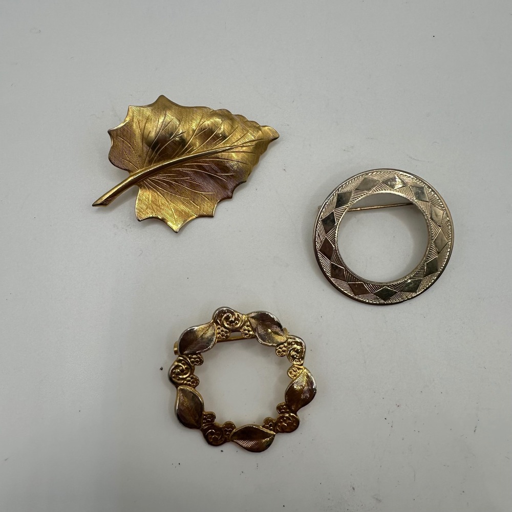 VTG MCM Brooch Lot 3 Gold Tone Leaf Geometric Circle Floral Wreath Pins Coquette